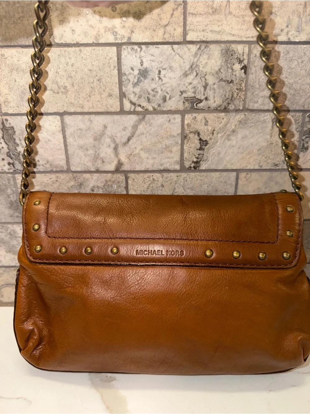 Michael Kors Vintage Valley Flap in Cognac with brass hardware